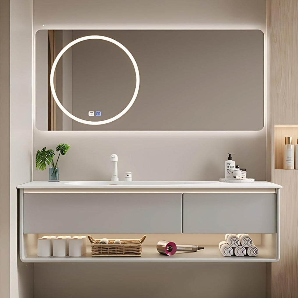 48IN Grey Bathroom Vanity Set - Floating Bathroom Vanity with Single Sink | Including LED Smart Defogging Mirror Cabinet & Time Display Function, Equipped with Motion Sensing Light Strip (Style B)