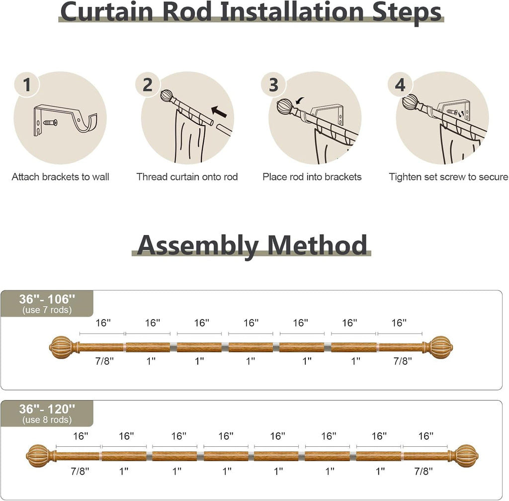 Wood Curtain Rods for Windows 66 to 120 Inch, 1'' Adjustable Heavy Duty Curtain Rod，Vintage Decorative Drapery Rods with Pumpkin Finials for Bedroom Living Room