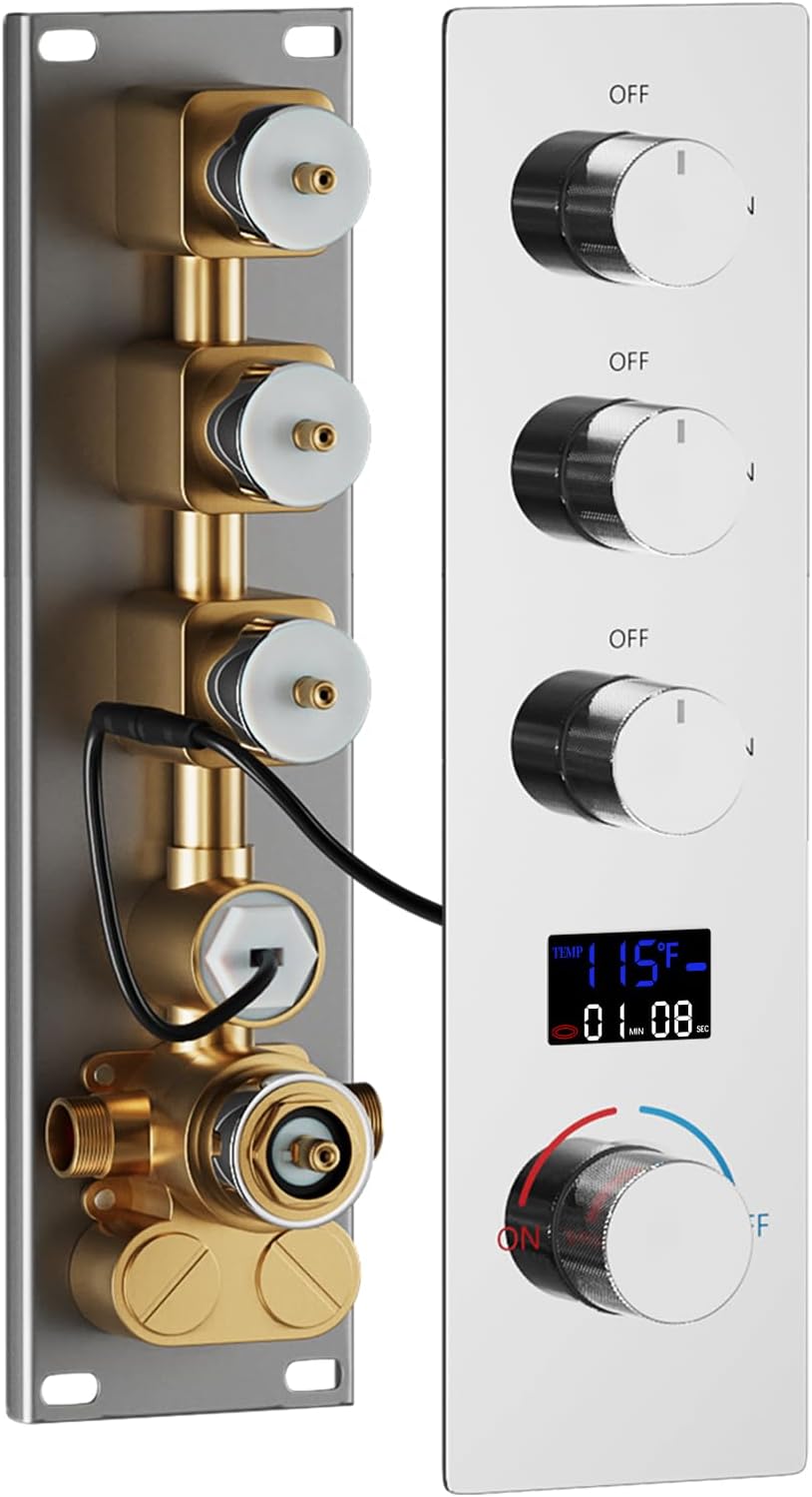 Brass Temperature Shower Diverter Valve Chrome 3 Way Outlets Concealed Digital Display Shower Mixer Valve Kit Bathroom Shower Diverter On Off Flow Control Replacement Valve
