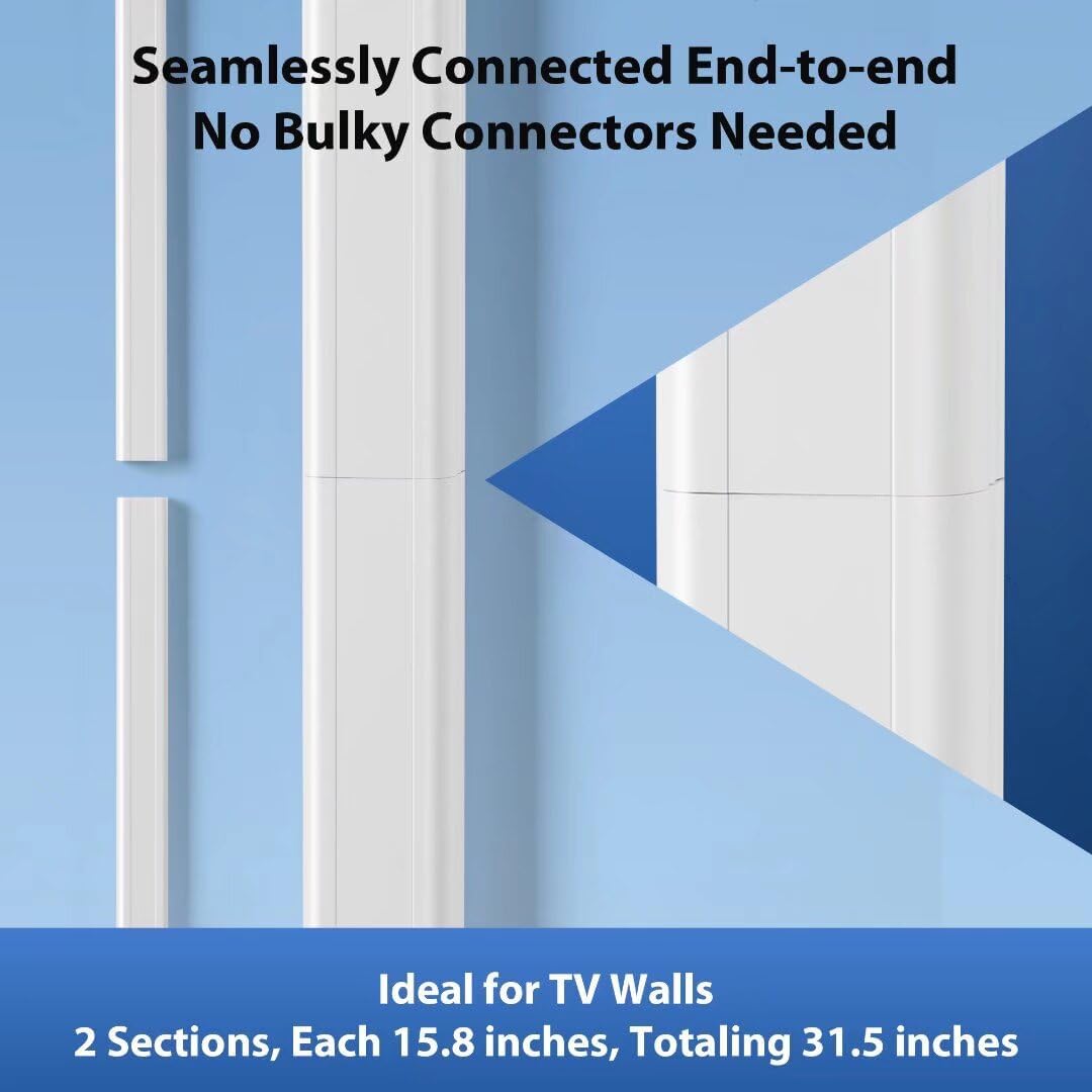 Cord Cover Wall 32in, TV Cord Hider for Wall Mounted TV, Large Cable Hider Kit for 3-6 Cords, Wire Management Raceway, White Wire Hider Concealer, 2 x L15.8in, W1.5in H0.75in