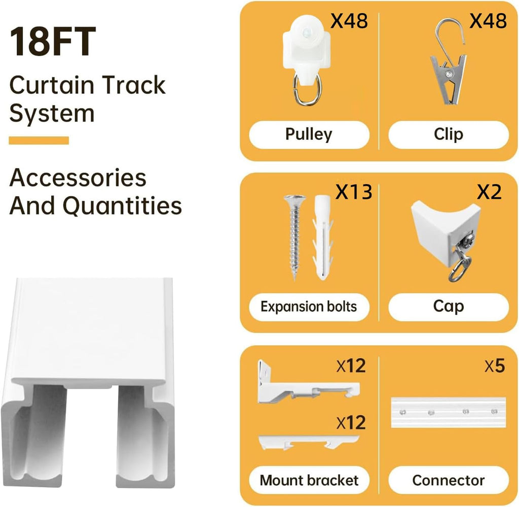 Ceiling Curtain Track Ceiling and Wall Mounted Heavy-Duty Curtains Rails Room Divider Curtains Shower RV Tracks Ceiling Sliding Curtain Rods With Clips,White 18ft.