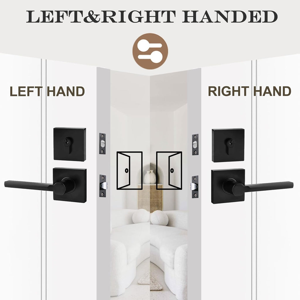 4 Sets Passage Door Lever and Single Cylinder Deadbolt Lock Set, Heavy Duty Square Handle for Entrance and Front Door, Matte Black, Different Keys