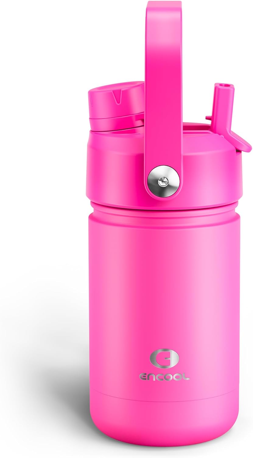 Kids Insualated Water Bottle with Straw - 12oz Stainless Steel Water Bottle with Dual Spouts, Leak-Proof, BPA-Free, Double Wall Vacuum Keeps Cold for 24 Hours for Sports, Travel, School (Persian Rose)