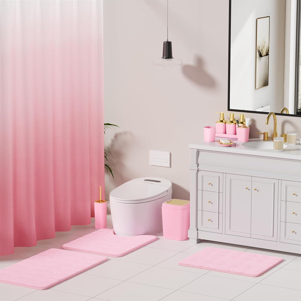 Bathroom Sets with Shower Curtain and Rugs, 27PC Bathroom Accessory Set, Pink Bathroom Set, Pink Bathroom Accessories Set with Trash Can, Toilet Brush and Soap Dispensers