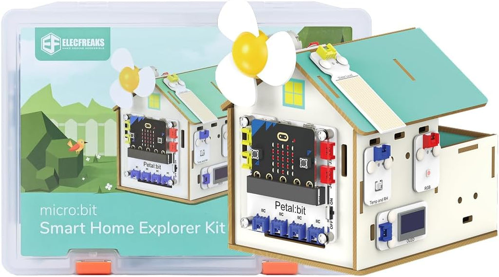 ELECFREAKS microbit Petal Smart Home Sensor Kit with Wood Building Home Material Pack, microbit Starter Kit Equipped with 7+ Distinctive Petal Sensors/Petal:bit Expansion Board(Not Include Micro:bit)