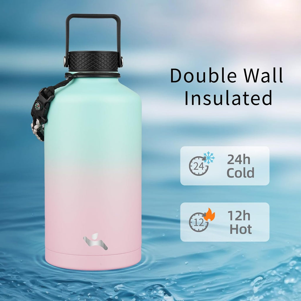 Insulated Water Bottle with Straw,87 oz 3 Lids Water Jug with Carrying Bag,Paracord Handle,Double Wall Vacuum Stainless Steel Metal Flask,Gum