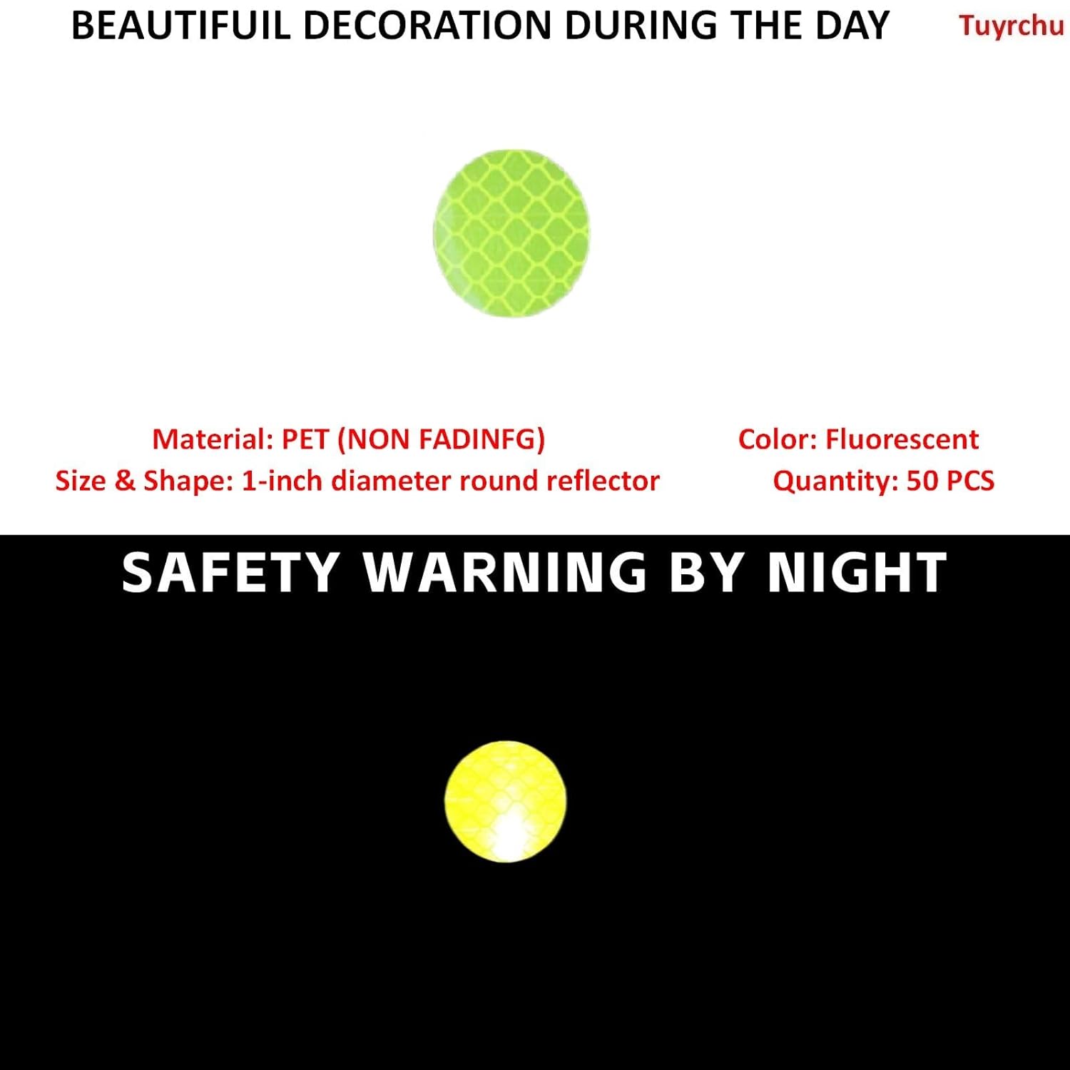 Non Fading Fluorescent Reflective Stickers 1-inch Diameter Round Reflector, Outdoor Waterproof High Visibility Warning Adhesive Tape (50 Pcs)