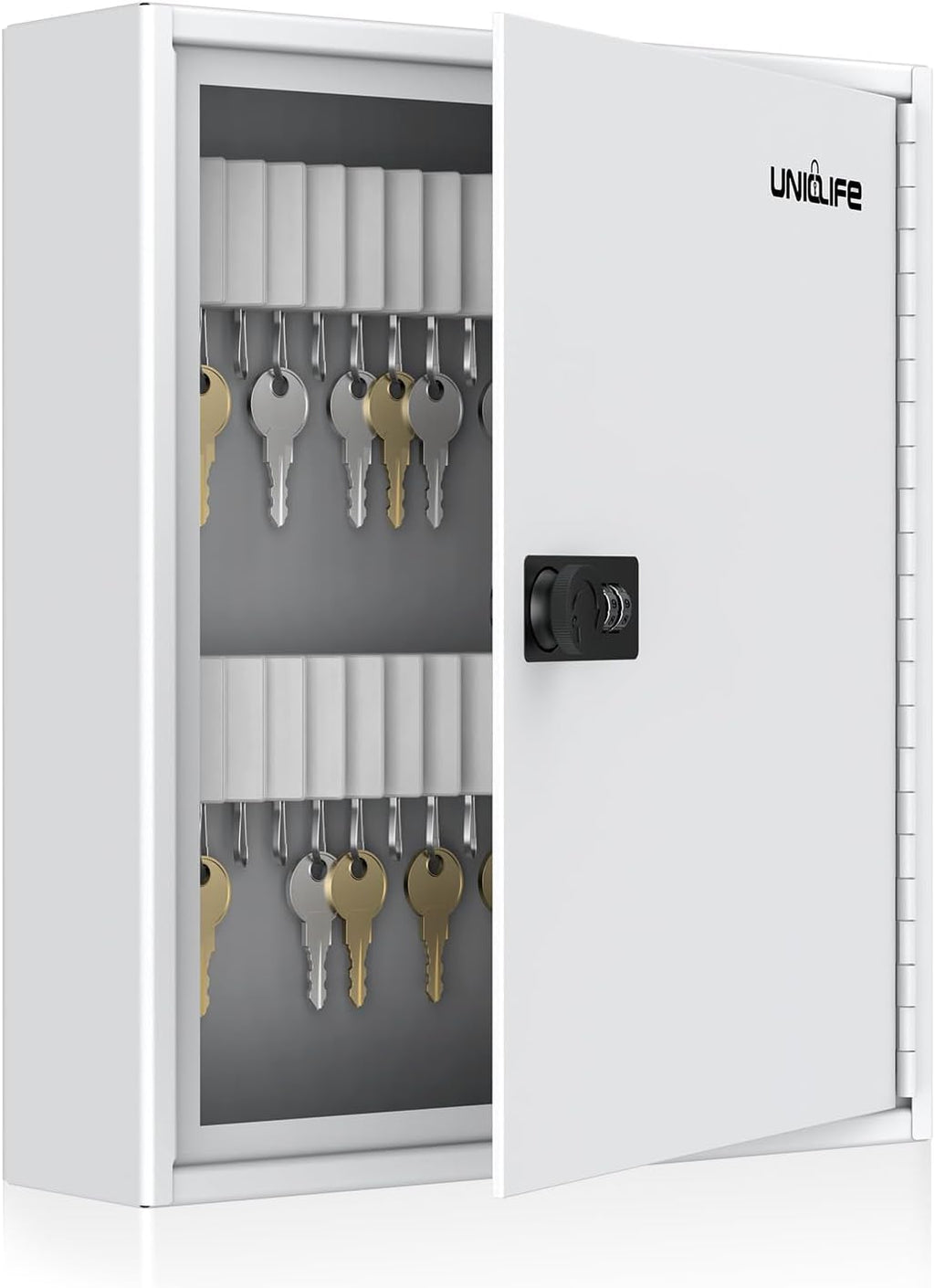 Uniclife 60 Position Slotted Key Cabinet with Combination Lock Resettable White Digital Security Storage Box Steel Key Organizer with Slotted Racks White Key Tag Labels and Permanent Pen
