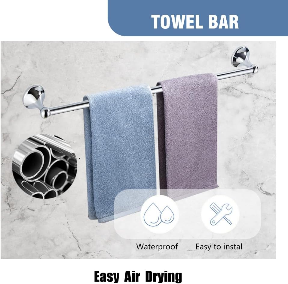 4-Piece Bathroom Hardware Set: Chrome Bathroom Accessory Set, Towel Bar,Towel Ring,Toilet Paper Holder,Robe Hook, Wall Mounted,Optional Installing Longer or Shorter Towel bar
