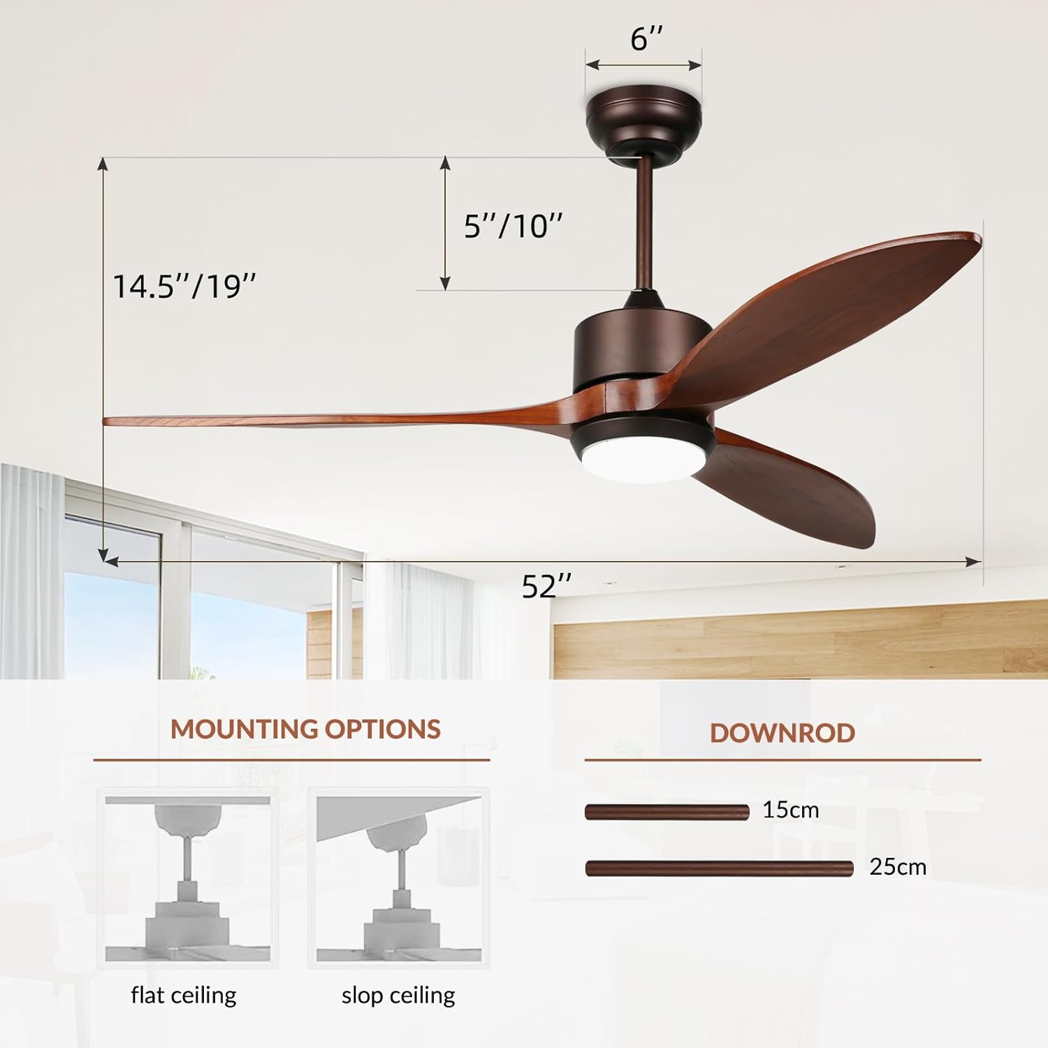reiga 52 Inch Smart Wood Ceiling Fan with Light and Remote Control, Quiet DC Motor 3 Blades Propeller Ceiling Fans for Patio, Living Room, Farmhouse