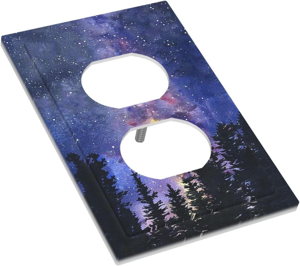 Outlet Covers Dream Milky Way Starry Forest Pine Watercolor Painting 1 Gang Duplex Electrical Receptacle Faceplate Light Switch Cover Wall Plate Decorative Switch Plates for Bedroom Home Decor