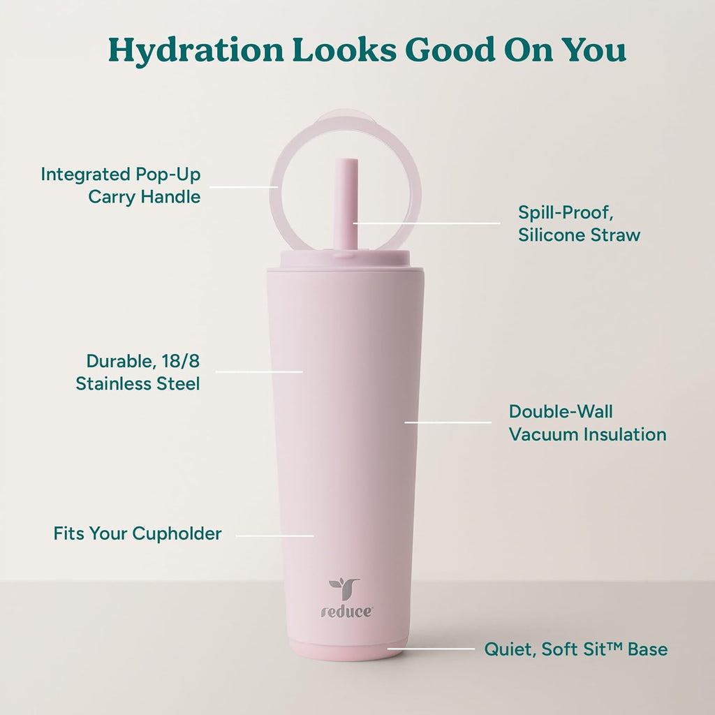 REDUCE Halo 24 oz Stainless Steel Vacuum Insulated Tumbler - Spill Proof Travel Mug with Flip Handle Lid - Keeps Drinks Cold for 32 Hrs - Dishwasher Safe - Cupholder Friendly - Pink Quartz