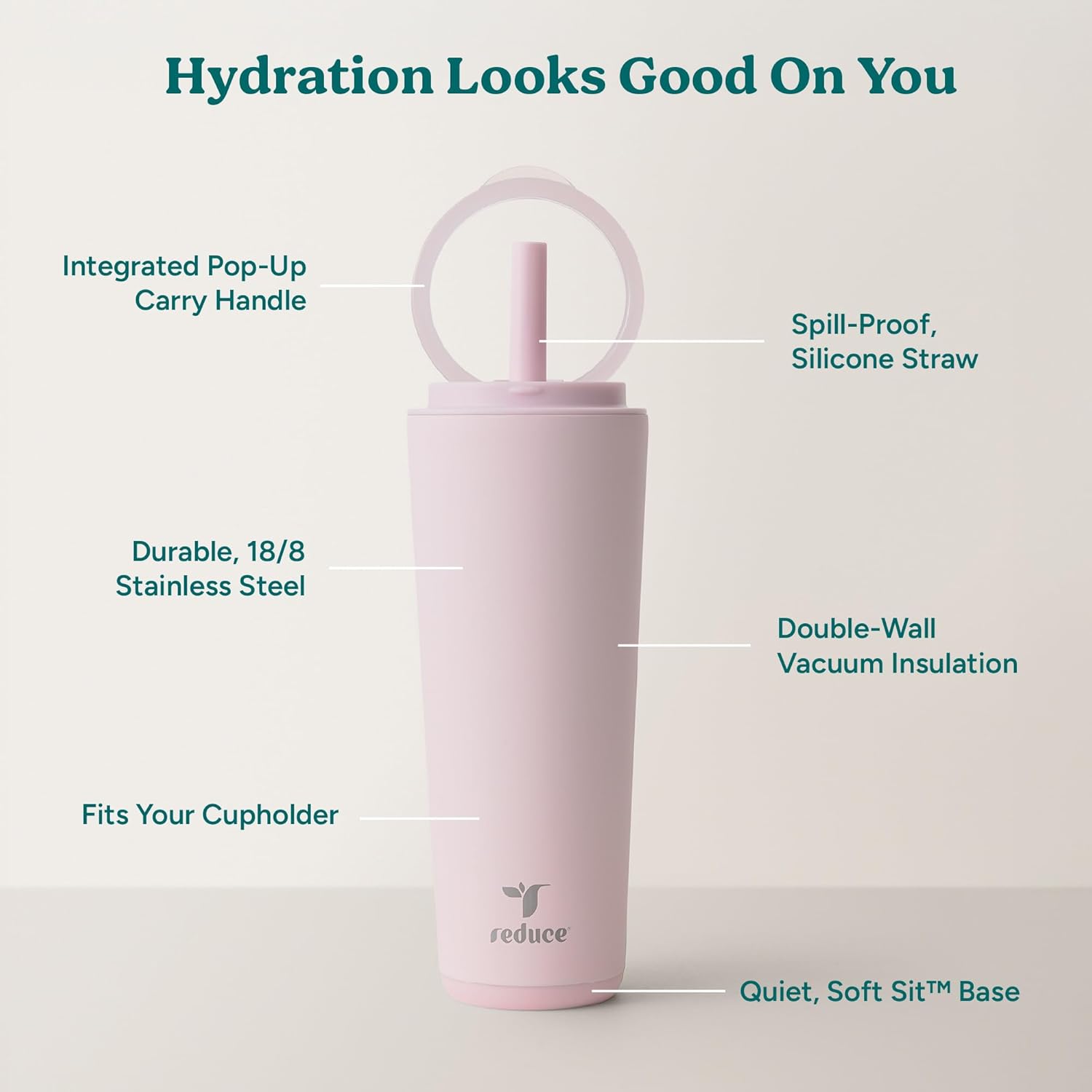 REDUCE Halo 24 oz Stainless Steel Vacuum Insulated Tumbler - Spill Proof Travel Mug with Flip Handle Lid - Keeps Drinks Cold for 32 Hrs - Dishwasher Safe - Cupholder Friendly - Pink Quartz