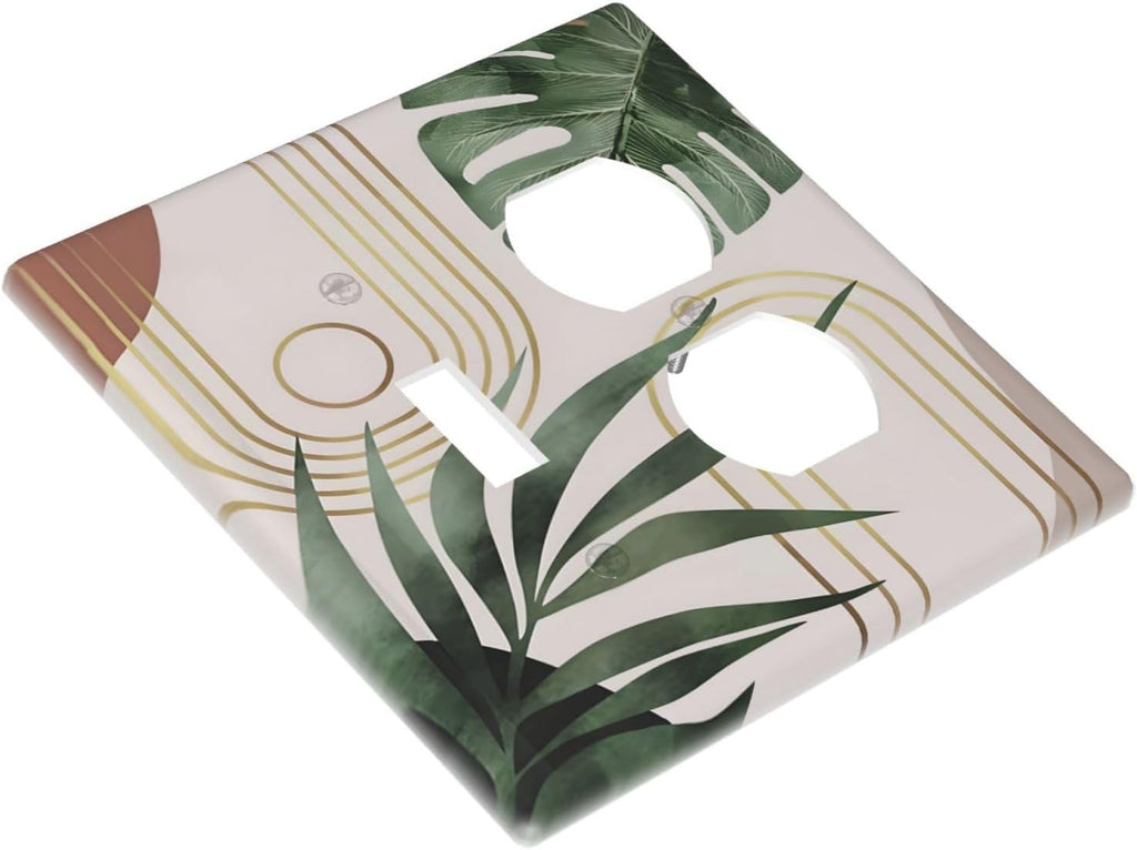 Decorative Outlet Covers Boho Mid Century Abstract Arch Green Leaves 2 Gang Wall Plate Single Toggle Duplex Light Switch Cover Switch Plate Covers for Bedroom Home Decor