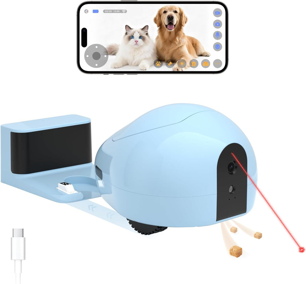 Pet Camera Robot with Treat Dispenser & Laser Toy, Motion Detection, HD Video, Night Vision, 2-Way Audio, Mobile Feeder for Cats & Dogs, App Control & Auto, AI Push with Subscription