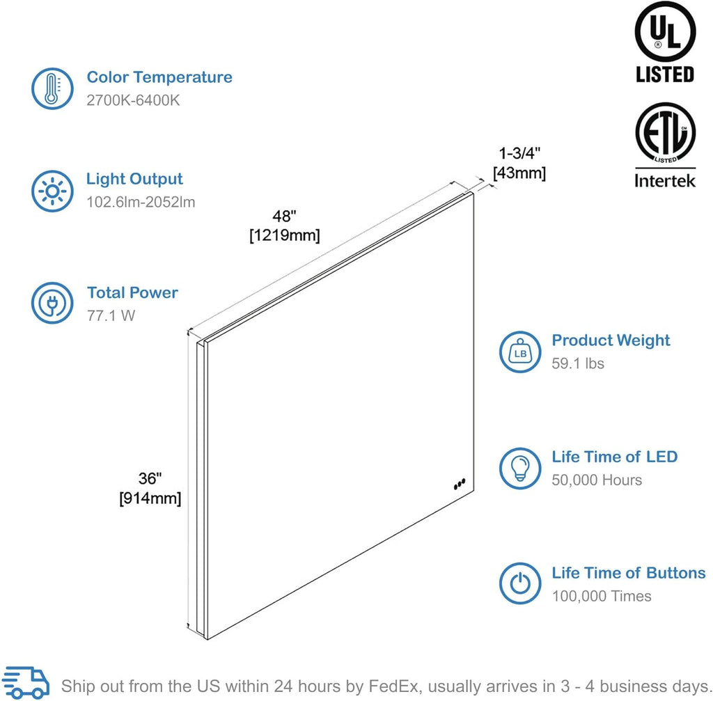 Blossom 48"X36" LED Bathroom Mirror with Lights, Front Lit and Backlight, Stepless Dimmable, Anti-Fog, Shatter-Proof Tempered Glass, Memory, 3 Colors Lighting Bathroom Mirrors for Vanity Makeup Mirror