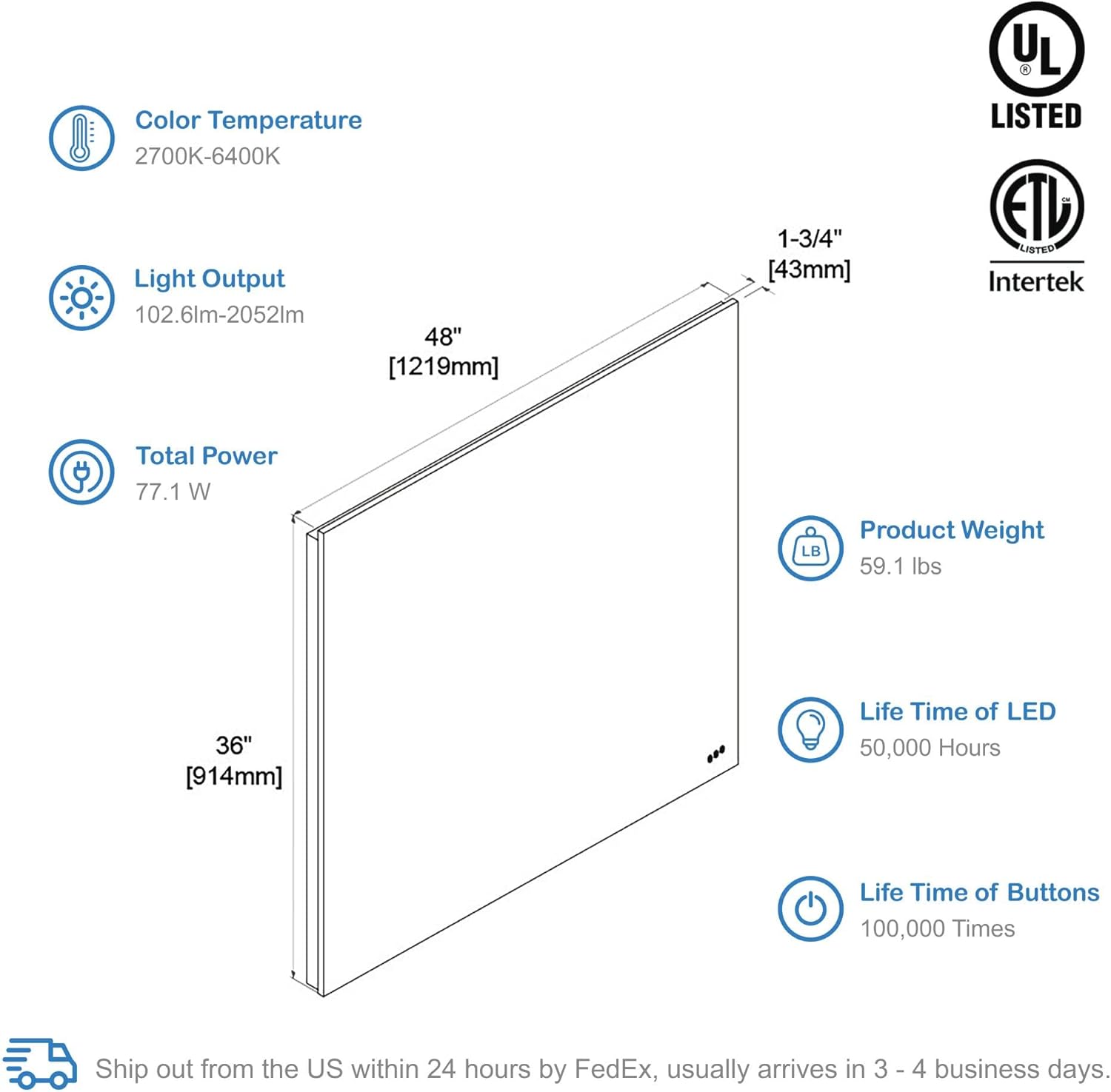 Blossom 48"X36" LED Bathroom Mirror with Lights, Front Lit and Backlight, Stepless Dimmable, Anti-Fog, Shatter-Proof Tempered Glass, Memory, 3 Colors Lighting Bathroom Mirrors for Vanity Makeup Mirror