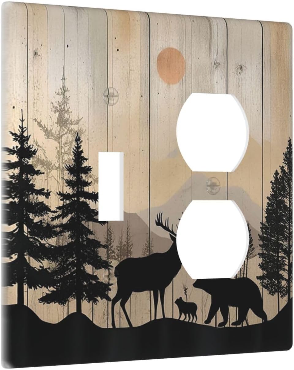 Wallplates Wood Board Wildlife Cute Bear Deer Forest Rustic 1 Toggle 1 Duplex Switch Plate Electrical GFCI Faceplate Decorative Light Switch Covers for Bathroom Farmhouse Decor
