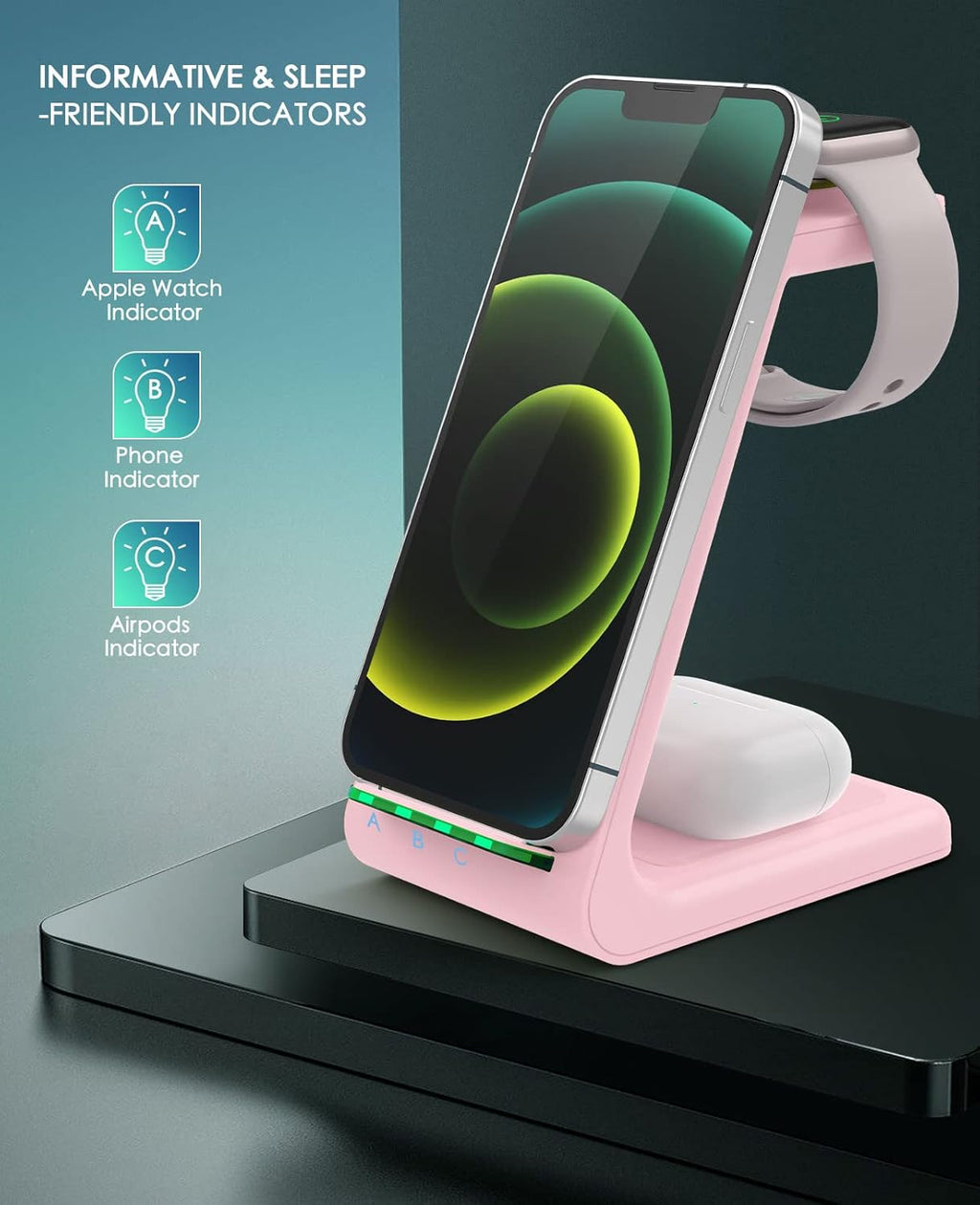 3 in 1 Wireless Charging Station, 2025 Upgraded Fast Desk Charger Station for iPhone 17 16 15 14 13 12 Pro Max Plus, Charger Stand for Apple Watch 10 9 8 7 6 5 4 3 2 SE, Airpods 4 3 2 Pro(Pink)