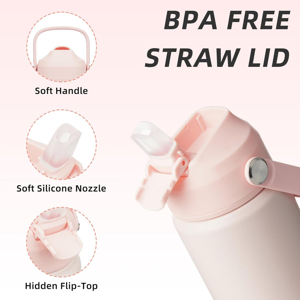 BJPKPK Insulated Water Bottle with Straw Lid, 12oz Thermo Water Bottles, Flex Handle & Non-slip Boot, BPA Free Leak Proof Stainless Steel Metal Thermo, Tumblers, Cups,Pearl Pink