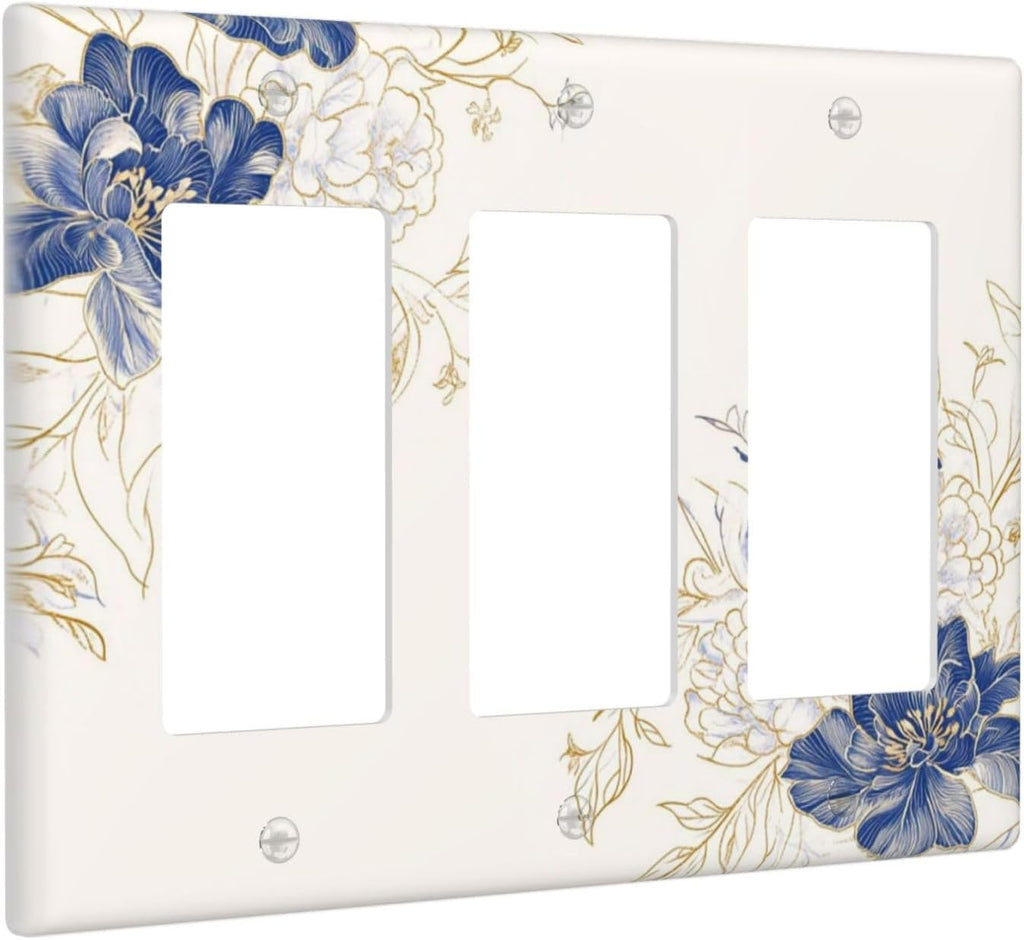 Decorative Outlet Covers Rustic Blue Flower Flaral Gold Leaf 3 Gang Light Switch Cover Plate Triple Rocker Wall Plates for Electrical Outlets Switch Plate Covers for Bedroom Home Decor
