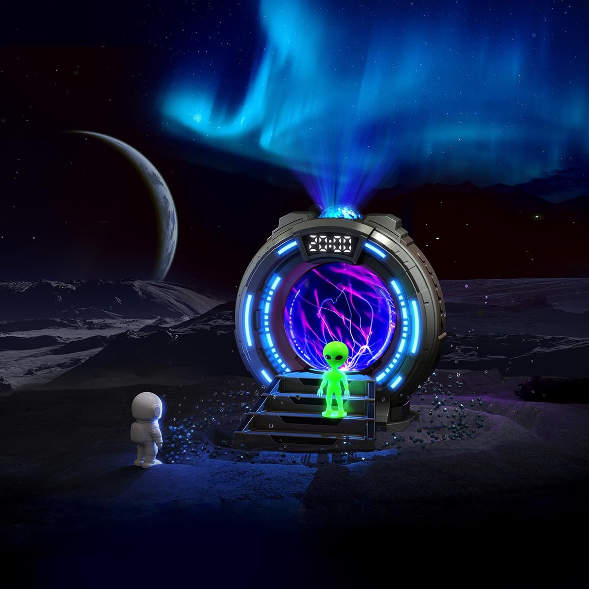 Galactic Portal Galaxy Projector Lamp with Plasma Ball – Aurora Projector Night Light with Smart Speaker, Astronaut & Alien Room Decor for Kids & Teens