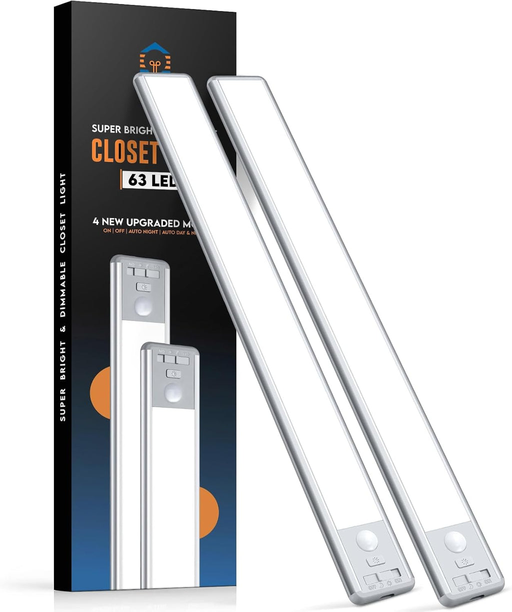 63 LED Closet Lights Motion Sensored, 2500mAh Rechargeable Under Cabinet Lighting, Dimmable & Magnetic Light Bar for Kitchen Cabinets, Hallways (2 Pack)