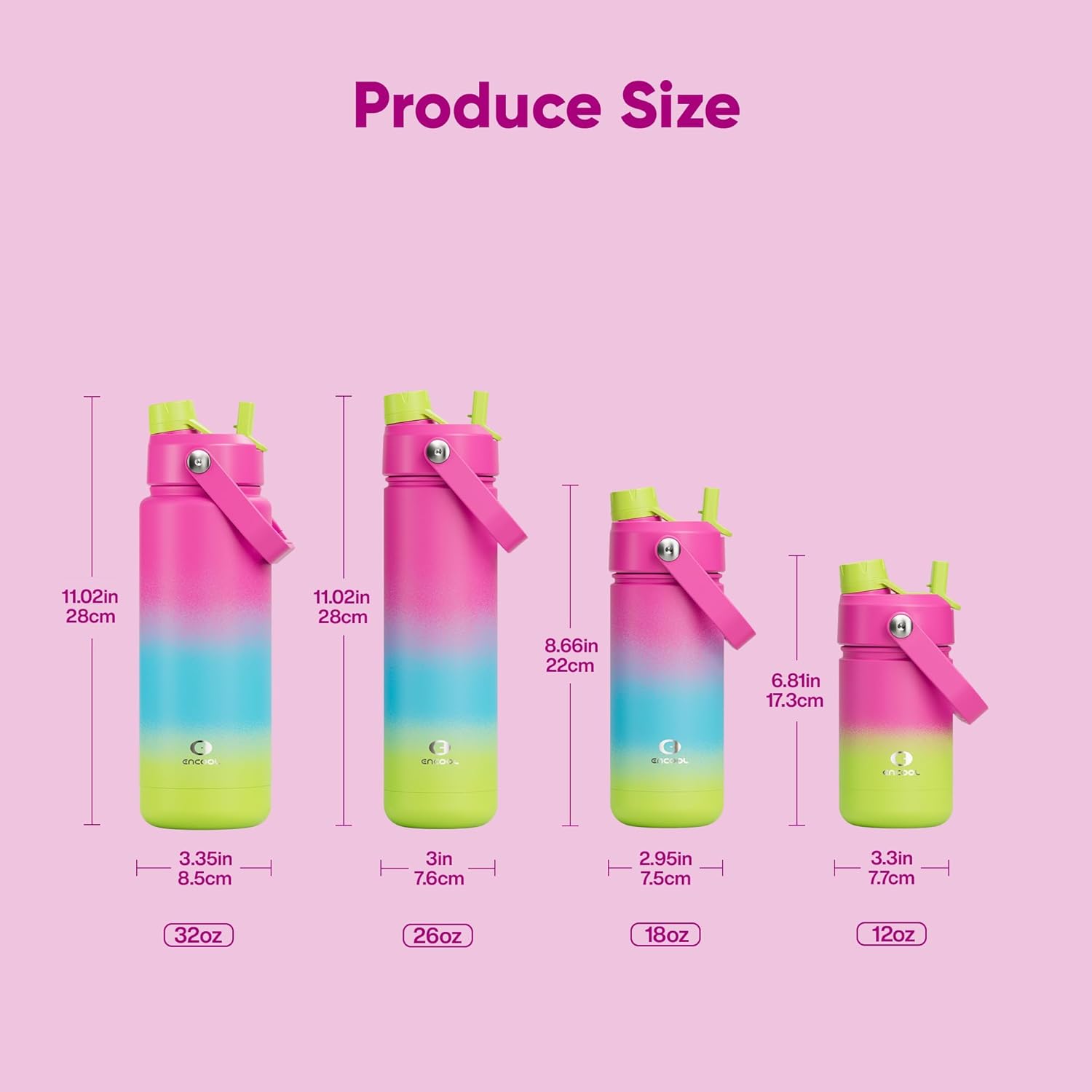 ENCOOL Insulated Water Bottle with Straw Stainless Steel Water Bottle, Leak-Proof, BPA-Free, Double Wall Vacuum Keeps Cold for 24 Hours for Sports, Travel, School (26 oz, Lime Sorbet)