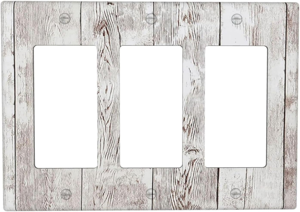 Light Switch Covers Rustic Vintage White Wood Grain 3 Gang Rocker Electrical GFCI Decorative Triple Outlet Wall Plate Cover Switchplate for Farmhouse Home Decor