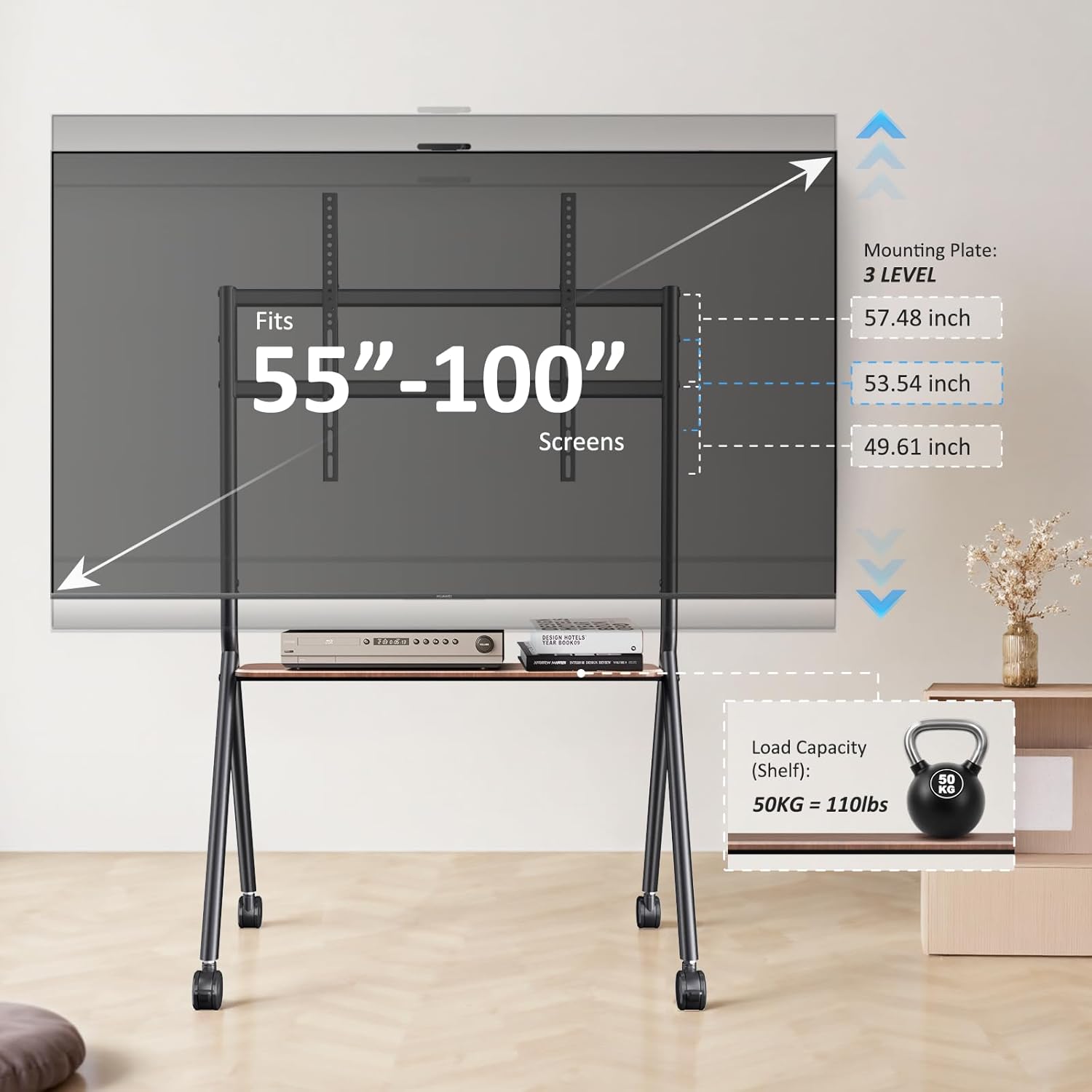 Smart Board Stand for 55-100 Inch Interactive Whiteboards,Flat&Curved TVs,Holds Up to 265lbs,Height Adjustable Smartboard Stand with Lockable Wheels for Office/Classroom/Home