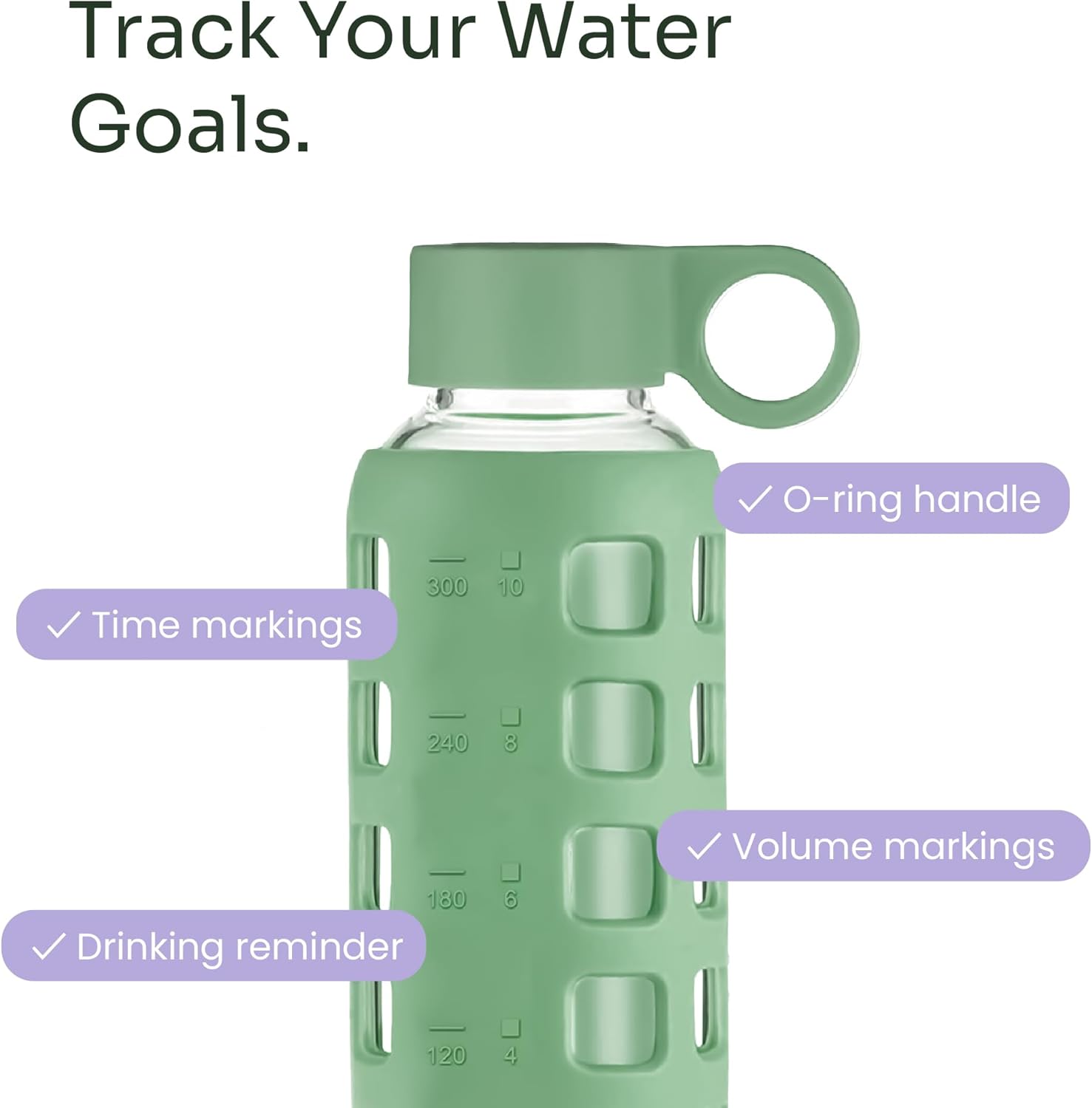 purifyou 40oz / 32oz / 22oz / 12oz Borosilicate Glass Water Bottle with Time & Volume Markers, Silicone Sleeve, Stainless Steel Lid | Reusable Glass Bottle for Water & Juice (12oz Shale Green)