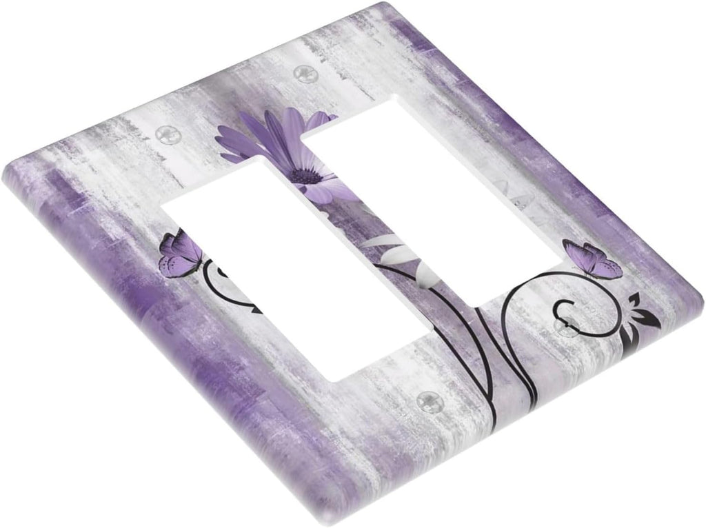 Decorative Outlet Covers Rustic Purple Daisy Grey Flowers 2 Gang Wall Plate Double Rocker Two Switch Wall Cover Plate Light Switch Cover Plate Faceplate for Country Bedroom Home Decor
