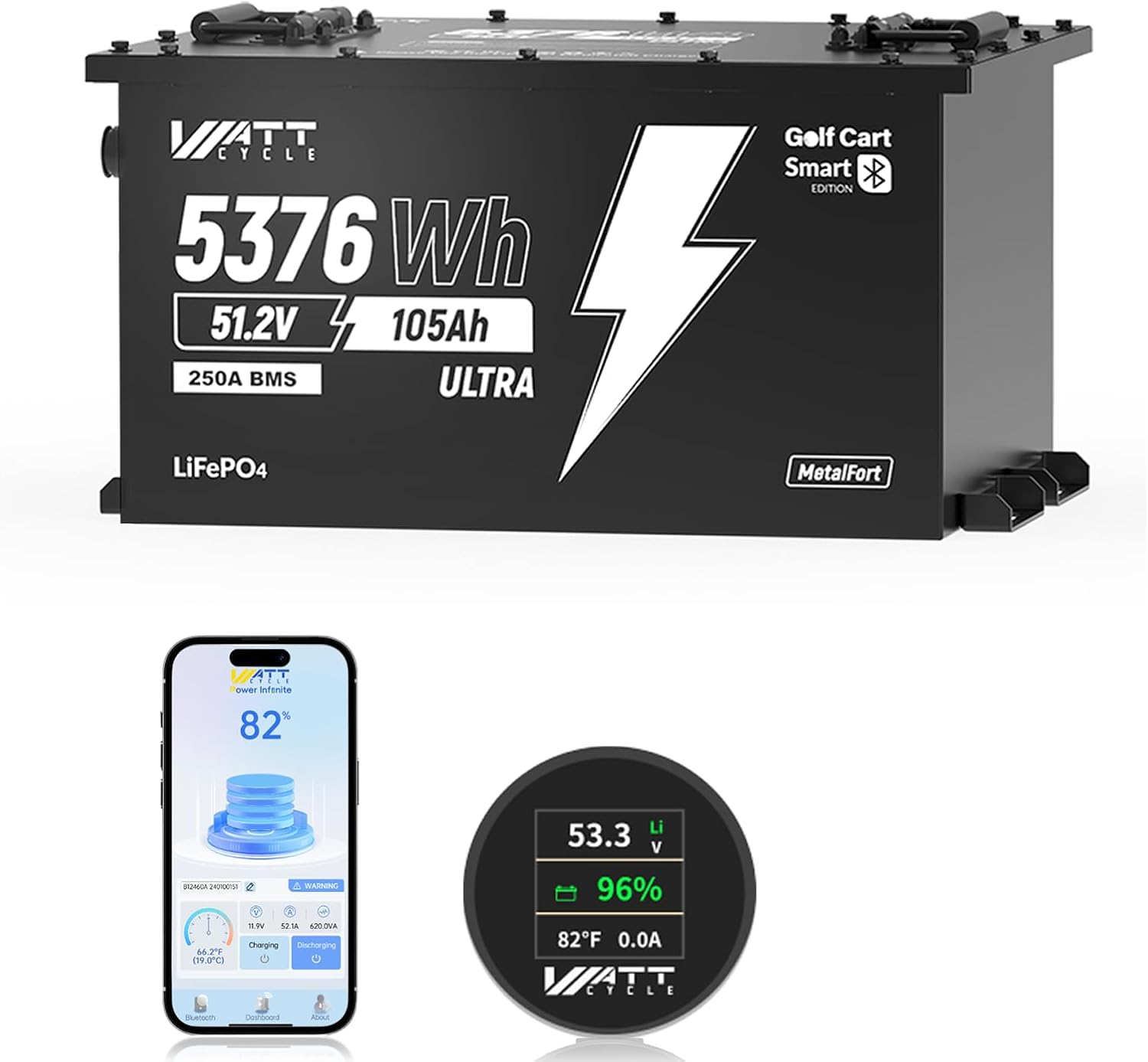 Wattcycle 48V 105Ah Golf Cart Batteries, 48V Lithium Battery 250A BMS, IP65 Waterproof Marine Batteries, LiFePO4 Battery 15000+ Deep Cycles, Built-in Bluetooth, Perfect for Home Energy, RV, Solar