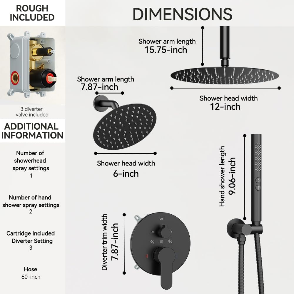 Shower Systems Shower Faucet Sets STARBATH 3 Way 12+6" Round Dual Rainfall Shower Head with Handheld Spray Combo, Ceiling Mounted Rain Shower Valve with 5 Diverter and Trim Kit Complete, Matte Black