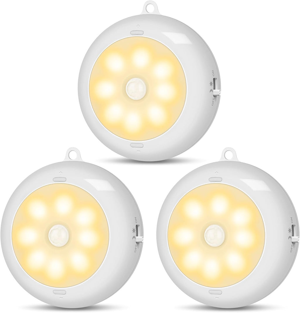 Motion Sensor Light Indoor AA Battery Operated, Under Cabinet Lighting, Magnetic Stick on LED Puck Lights for Stair, Wall, Closet, Dimmable, 3000K Warm White (3 Pack)