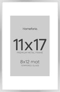 Homeforia 11 x 17 Frame Silver, High End Metal 11x17 Picture Frames with Mat 8x12 for Photo, 11 x 17 Silver Poster Frame Matted to 8 x 12 Print, 17x11 Hanging Frame, Tempered Glass, Wall Kit, Set of 1