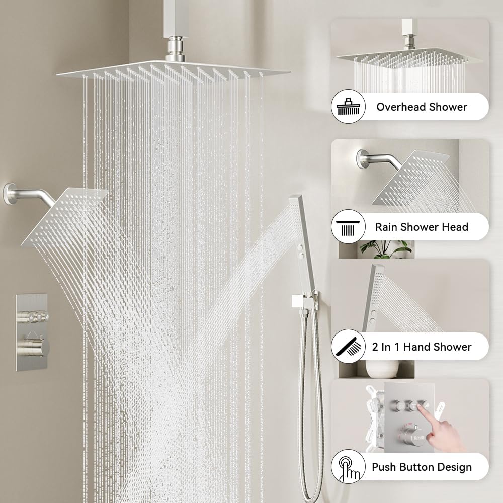 Shower Faucets Sets Brushed Nickel Shower System,12" Ceiling Rainfall Shower and 6" Wall Mount with 2 in 1 Handhled, Can Use All at Once, Thermostatic Shower Set with Valve and Trim Kit