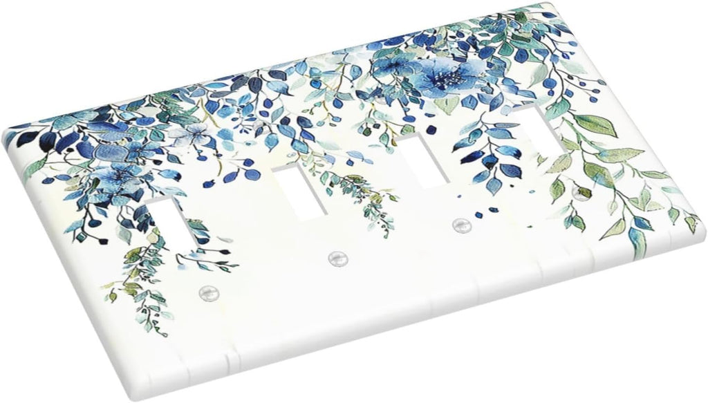 Light Switch Covers Boho Vintage Flowers Blue Green Sage Quad Toggle Electrical Faceplate 4 Gang Wall Plate Decorative Switch Plates for Bedroom Farmhouse Decor