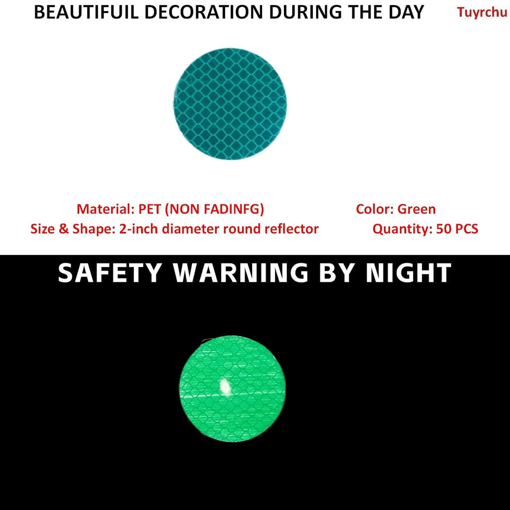 Non Fading Green Reflective Stickers 2-inch Diameter Round Reflector, Outdoor Waterproof High Visibility Warning Adhesive Tape (50 Pcs)