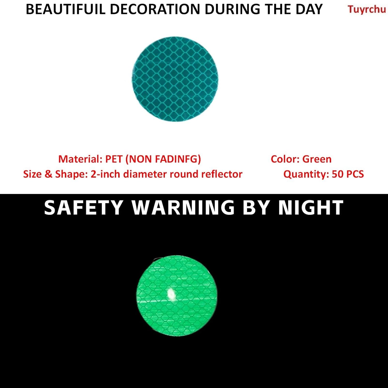 Non Fading Green Reflective Stickers 2-inch Diameter Round Reflector, Outdoor Waterproof High Visibility Warning Adhesive Tape (50 Pcs)