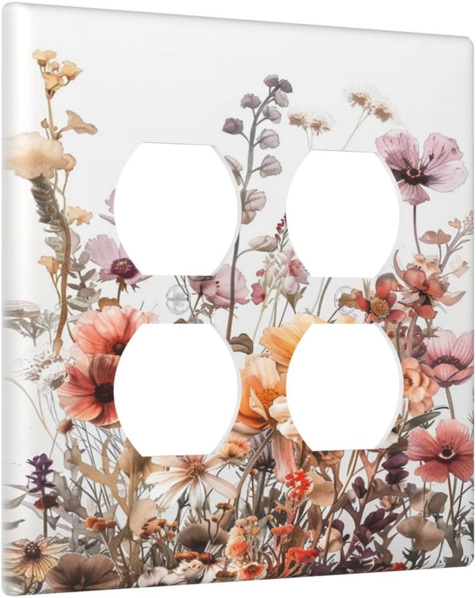 Boho Nursery Wildflower Flora Vintage Flower Outlet Covers 2 Gang Double Duplex Decorative Light Switch Covers Electrical Wallplates Socket Faceplate for Bedroom Living Room Decor