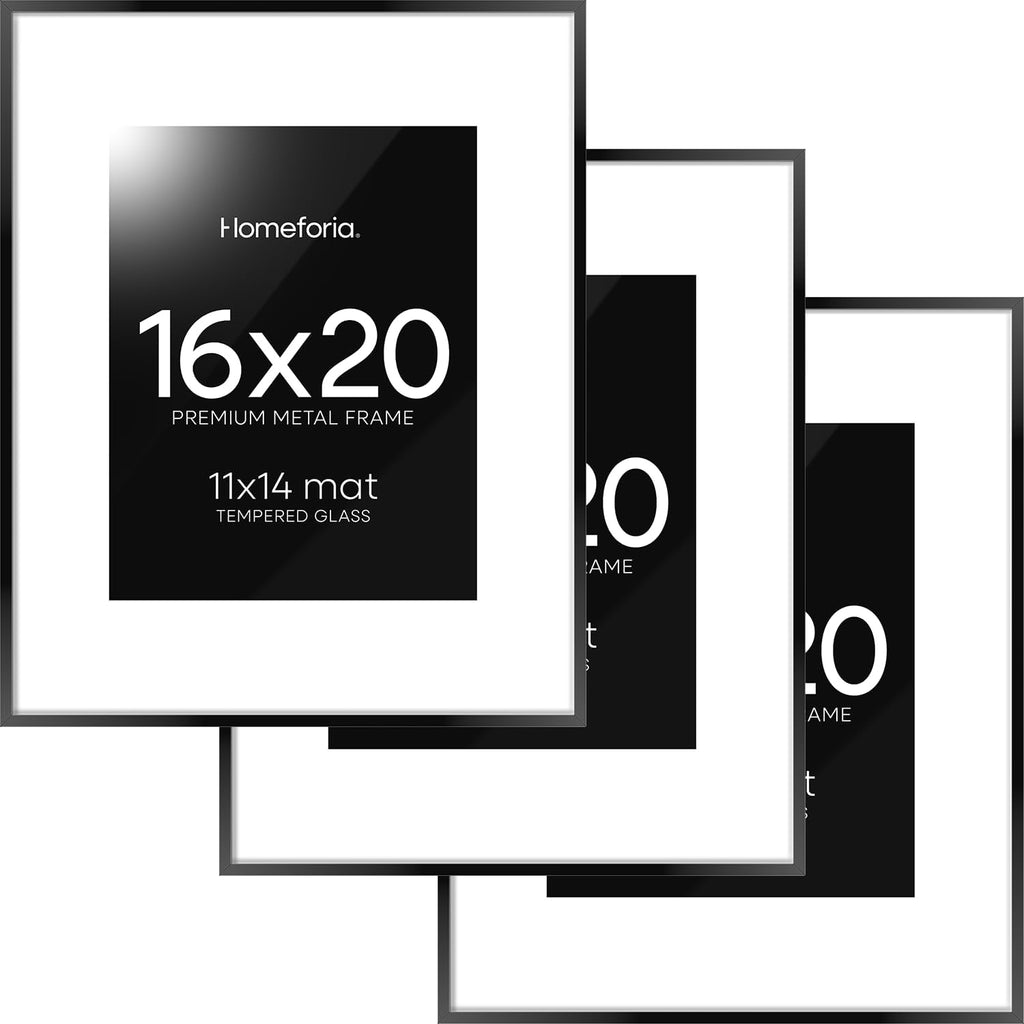 Homeforia 16 x 20 Picture Frame Black, High End Metal 11x14 Matted for 16x20 Frame, 16 x 20 Black Poster Frame with Mat 11 x 14 inch Photo, 20x16 Thin Hanging Frame, Tempered Glass, Wall Kit, Set of 3