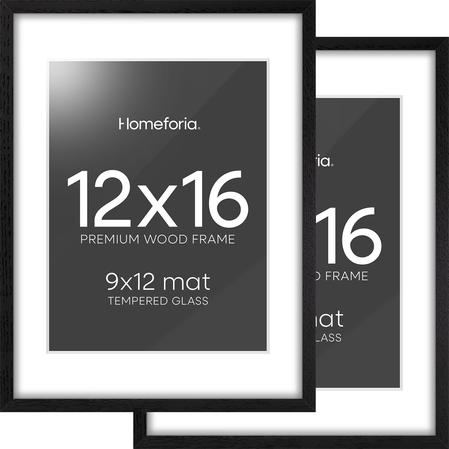 Homeforia 12x16 Black Wood Picture Frame, High End Oak 12x16 Poster Frames with Mat 9x12 Print, 12 x 16 Black Wooden Frame Matted to 9 by 12 Photo, 16x12 Thin Frame, Tempered Glass, Wall Kit, Set of 2