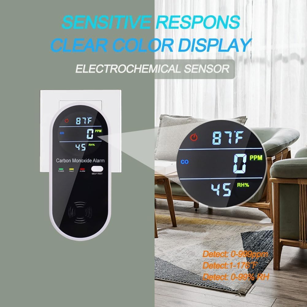3 in 1 Carbon Monoxide Detector, KH Alert Portable Carbon Monoxide Detectors for Travel, Plug in Carbon Monoxide Detector with Temperature Humidity Sensor Built-in, Easy to Read & Install