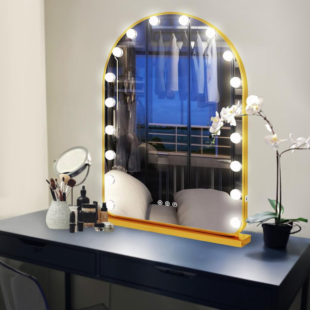 THEKLA Gold Arch Hollywood Vanity Mirror with Lights for Makeup Desk Table Wall Detachable Base Stand X10 Magnifying Dimmable 3 Color Lights 15 Bulbs Gold Arch Hollywood Lighted Vanity Makeup Mirror