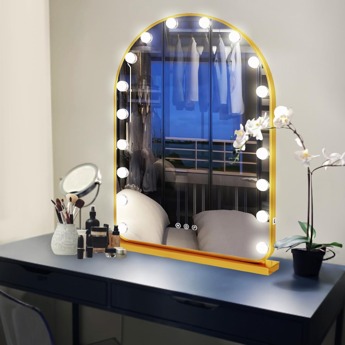 THEKLA Gold Arch Hollywood Vanity Mirror with Lights for Makeup Desk Table Wall Detachable Base Stand X10 Magnifying Dimmable 3 Color Lights 15 Bulbs Gold Arch Hollywood Lighted Vanity Makeup Mirror