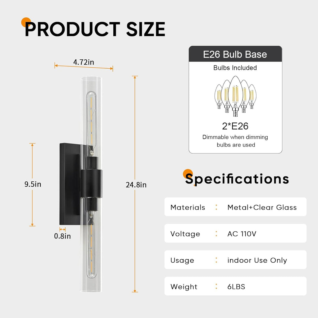 24.8" L Wall Sconces 2-Lights Black Wall Lights Fixtures Morden Cylinder Wall Light for Bathroom Vanity Light Indoor Wall Mounted Lamps for Living Room,Bedroom,Hallway