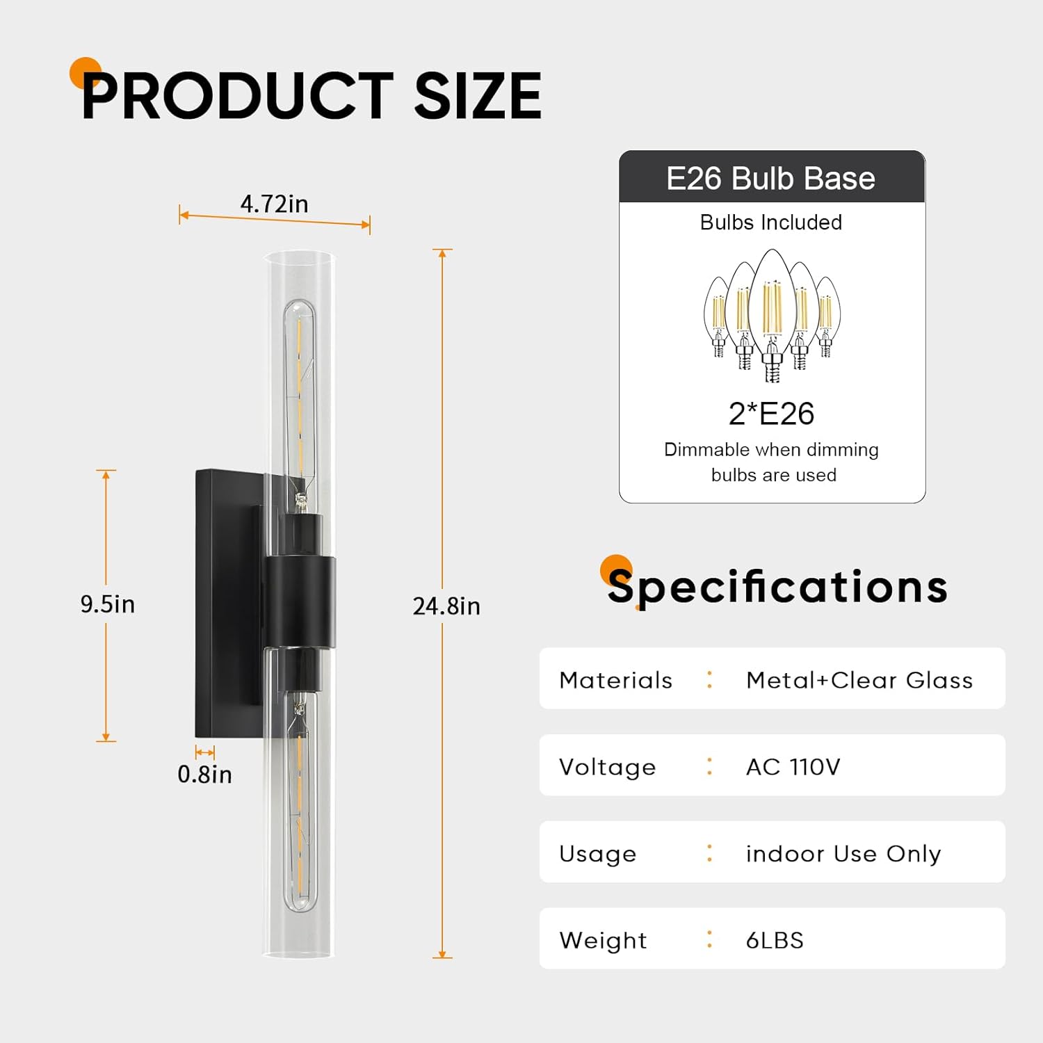 24.8" L Wall Sconces Set of 2, Black Wall Lights Fixtures Morden Cylinder Wall Light for Bathroom Vanity Light Indoor Wall Mounted Lamps for Living Room,Bedroom,Hallway