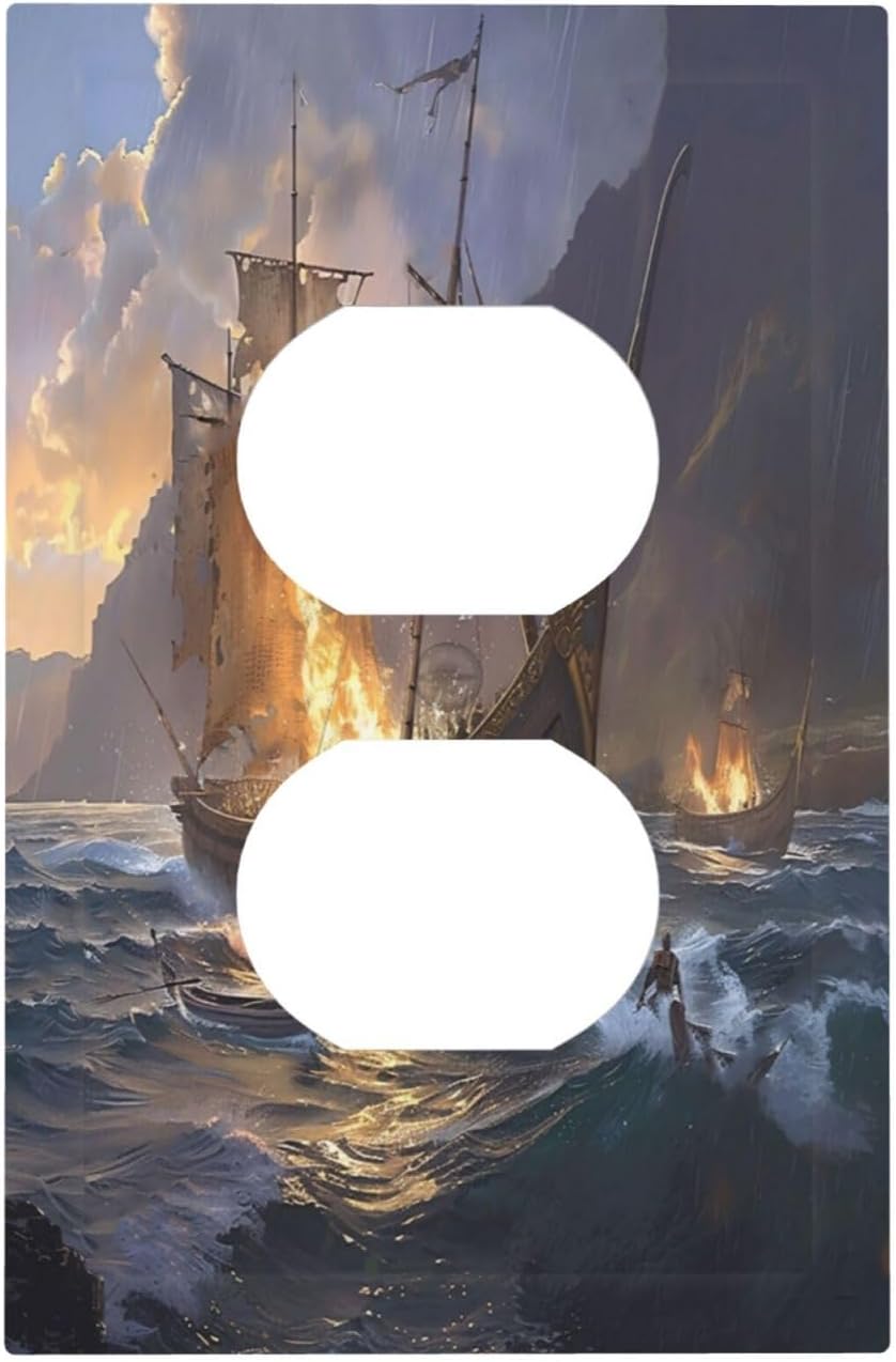 Outlet Covers Medieval Vintage Sailing Adventure Sailings Ocean Waves 1 Gang Duplex Light Switch Cover Plate Decorative Switch Plate Covers Electrical Socket Cover for Bedroom Cabin Decor