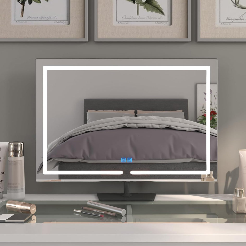Vanity Mirror with Lights, 23.27 x 17.7 Inch LED Makeup Mirror, Lighted Makeup Mirror with Dimmable 3 Modes, Smart Touch Control, Aluminum Frame and Tempered Glass Base, Dark Gray
